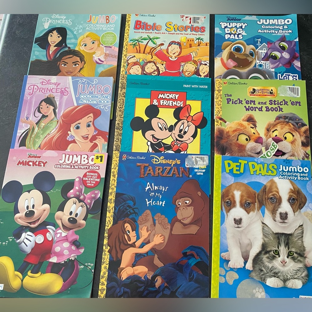 9 Coloring and Activity Books- Mickey, Princess, and More